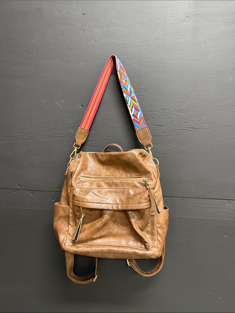 Everyday Tan Faux Leather Backpack with Colorful Detachable Strap